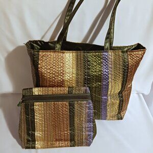 Bath & Body Works Green Fabric Bag W/Matching Cosmetic Bag